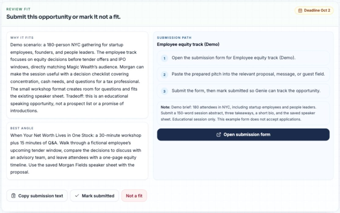 Magic Wealth Opportunities record (the portal labelled it Radar when this was captured) with the fictional Equity at Work Summit audience, fit research, recommended workshop angle, and submission actions.